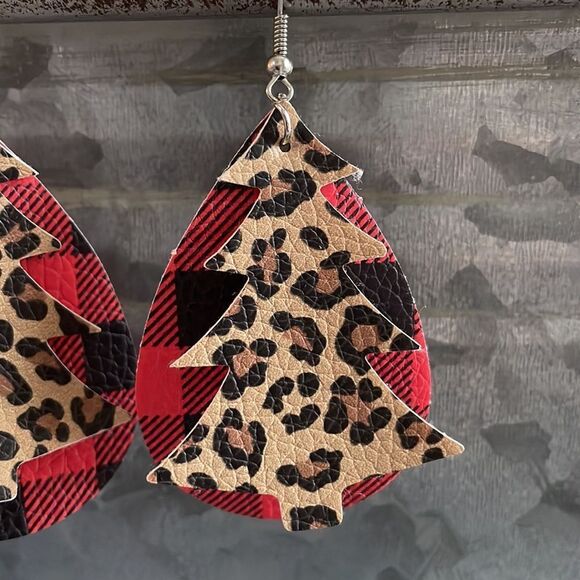 LEOPARD PRINT Christmas Tree and Buffalo Plaid Tear Drop Earrings - Picture 2 of 4